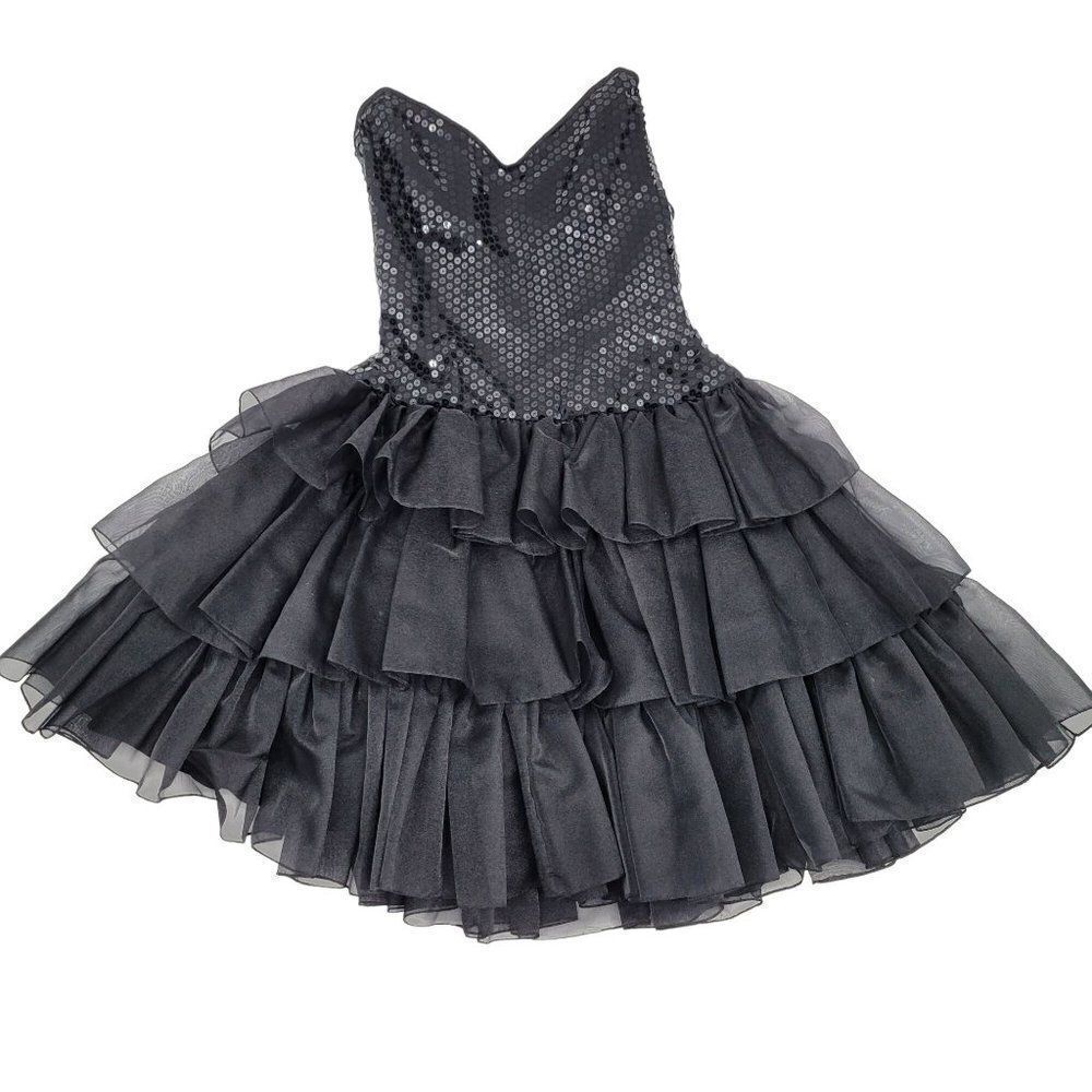 Vintage 80's Tadashi Dress Strapless Sequin‎ Ruffle Mini Black XS Fairy Grunge